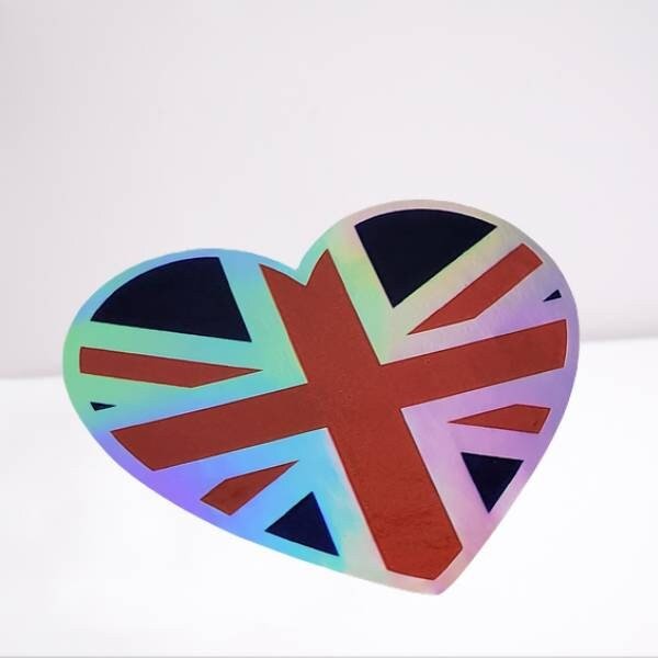 Holographic Sticker - British Heart Flag Sticker - Queen Elizabeth II Sticker / Decal - Queen Elizabeth Sticker - Wood Unlimited#