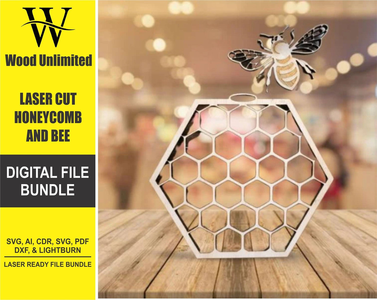 Honeycomb and Bee - Digital File Bundle for Laser Cutters - SVG, AI, Lightburn, PDF - Glowforge Ready - Wood Unlimited#