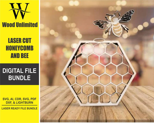 Honeycomb and Bee - Digital File Bundle for Laser Cutters - SVG, AI, Lightburn, PDF - Glowforge Ready - Wood Unlimited#