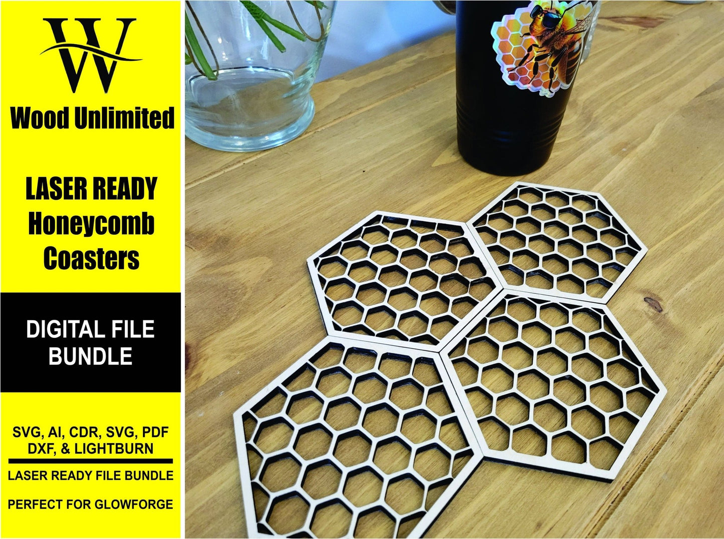 Honeycomb Coasters Digital File Bundle for Laser Cutters, Glowforge Ready, Lightburn Files, SVG, AI, Laser Cut File Bundle - Wood Unlimited#