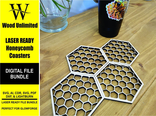 Honeycomb Coasters Digital File Bundle for Laser Cutters, Glowforge Ready, Lightburn Files, SVG, AI, Laser Cut File Bundle - Wood Unlimited#