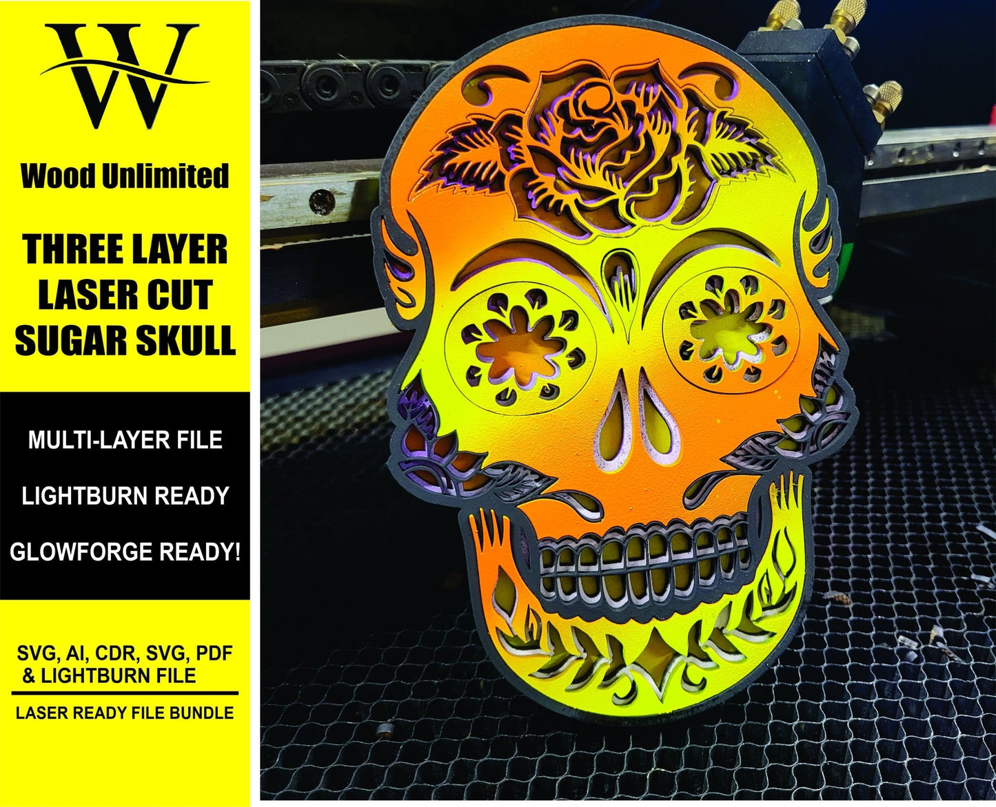 Laser Cut Sugar Skull, Multi-Layer Digital File Bundle for Laser Cutters, Glowforge Ready, Lightburn File, SVG, AI, Laser Cut Halloween - Wood Unlimited#