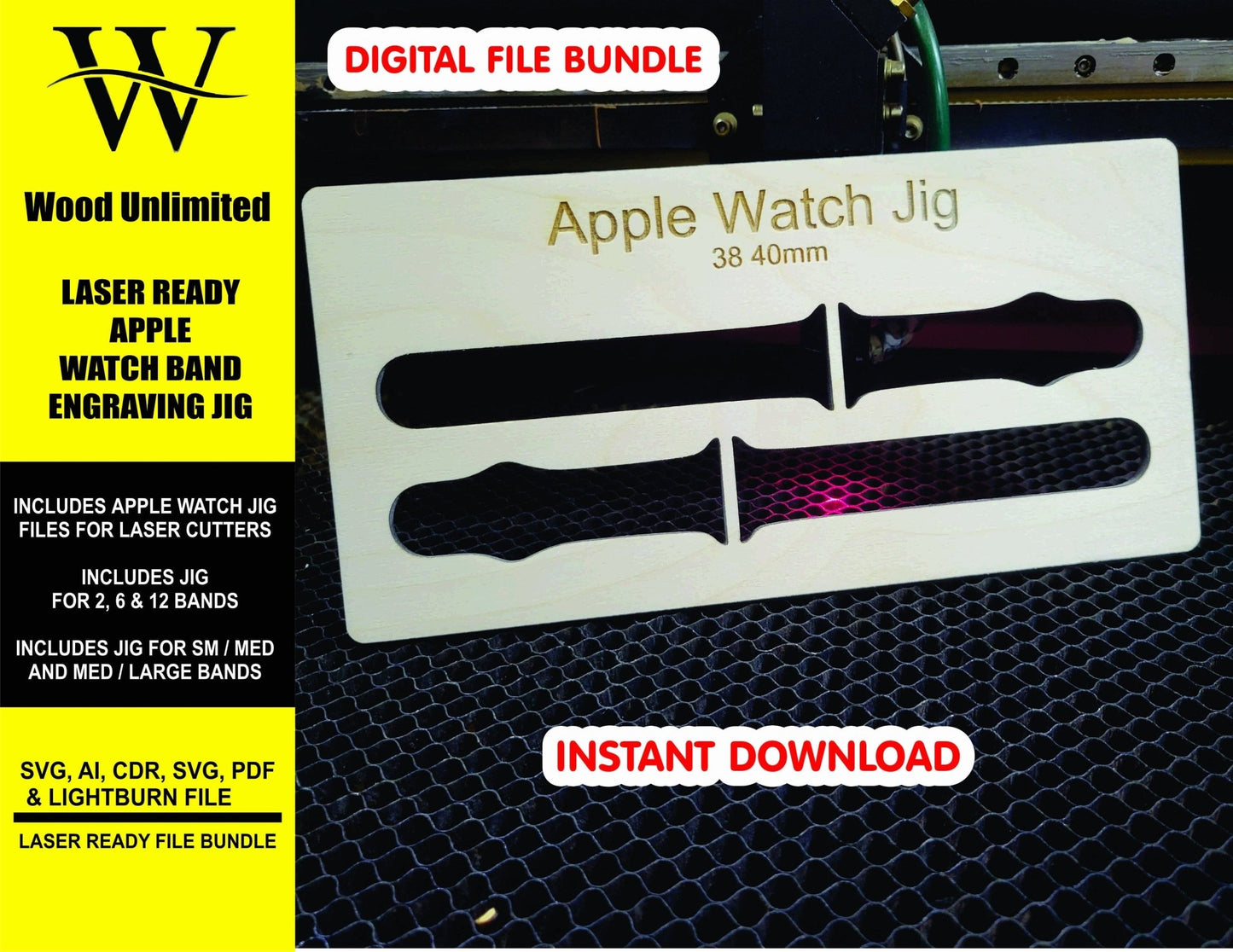 Laser Ready Apple Watch Jig File - Lightburn - Omtech - CO2 Lasers File - Glowforge Accessory | Instant Download - 2, 6 and 12 band jig - Wood Unlimited#