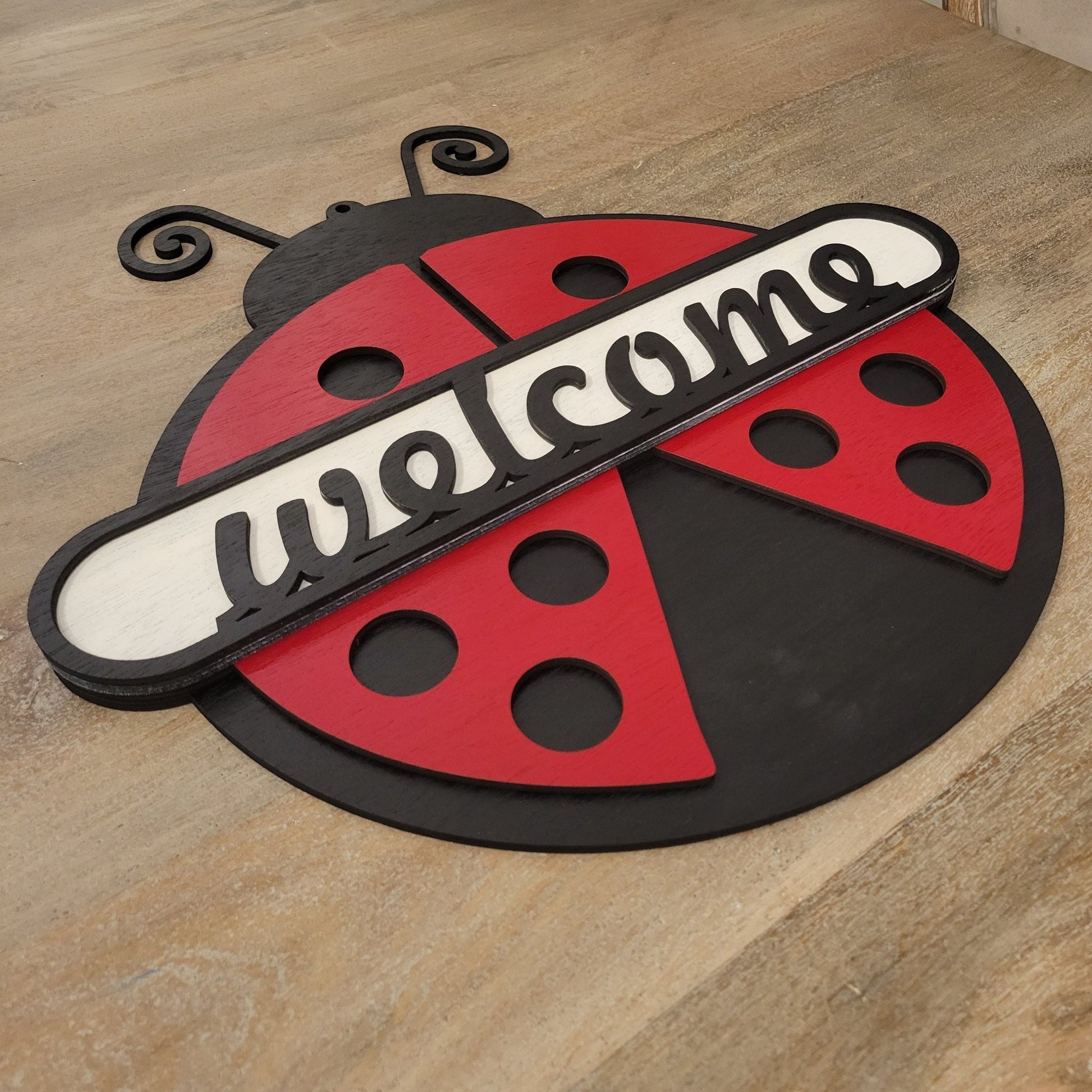 Laser Ready Ladybug Welcome Sign - Laser Cut Files - Glowforge Files - Lightburn Files - Omtech, SVG Files, Includes Split Design - Wood Unlimited#