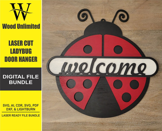 Laser Ready Ladybug Welcome Sign - Laser Cut Files - Glowforge Files - Lightburn Files - Omtech, SVG Files, Includes Split Design - Wood Unlimited#