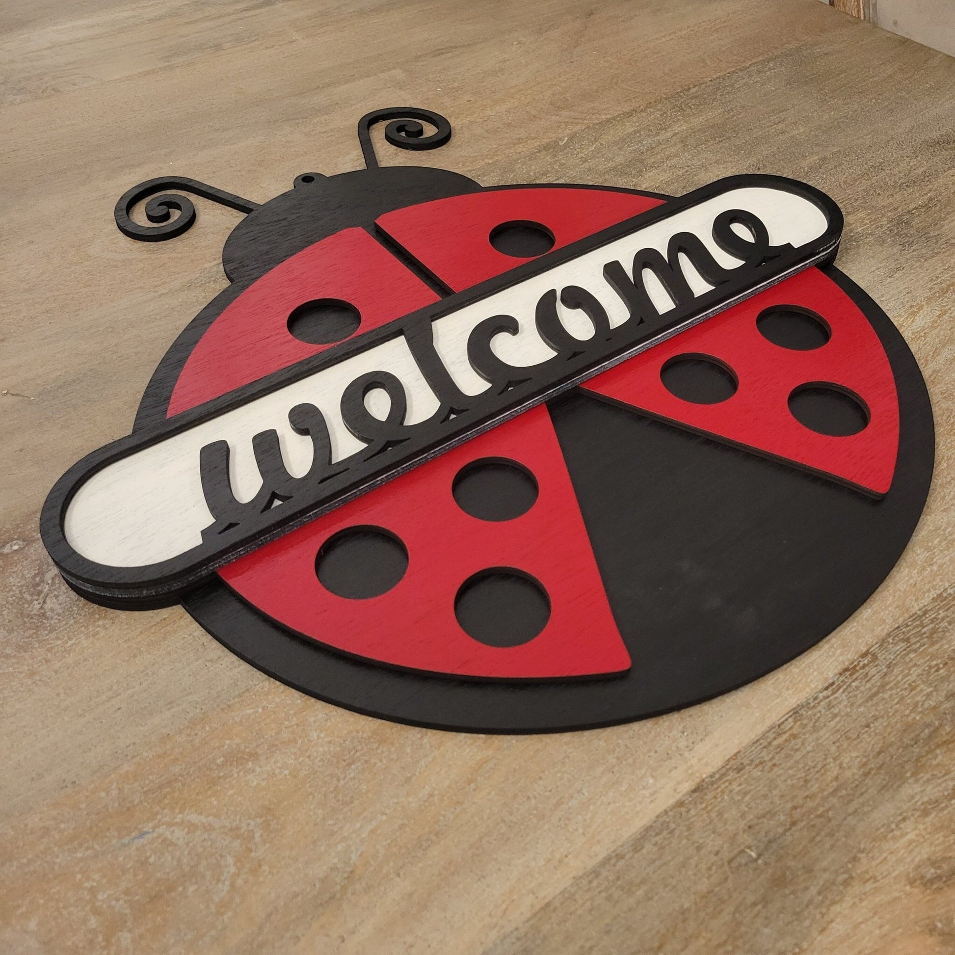 Laser Ready Ladybug Welcome Sign - Laser Cut Files - Glowforge Files - Lightburn Files - Omtech, SVG Files, Includes Split Design - Wood Unlimited#