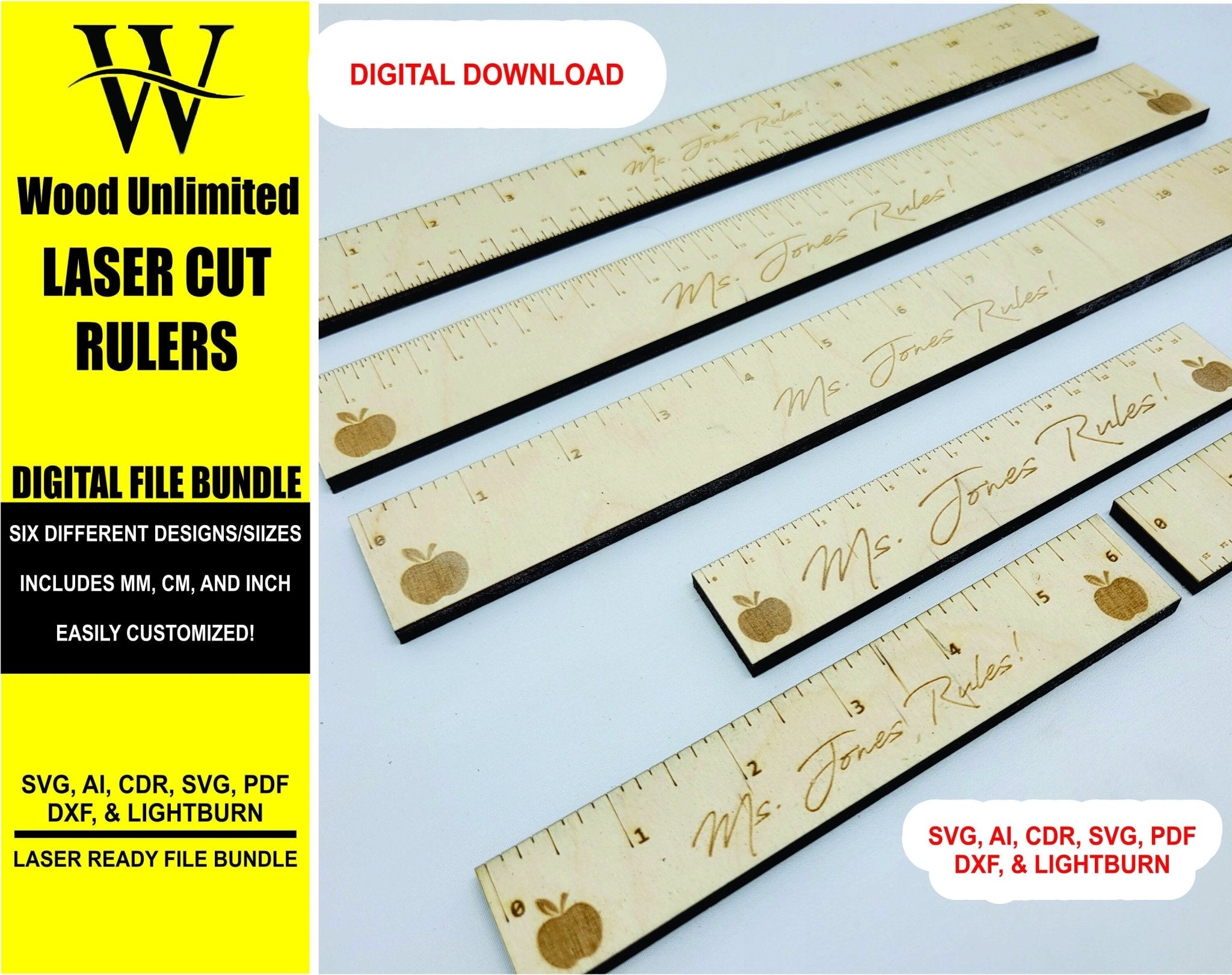 Inch, MM & CM Laser Rulers - SVG Lightburn Glowforge Ready – Wood Unlimited
