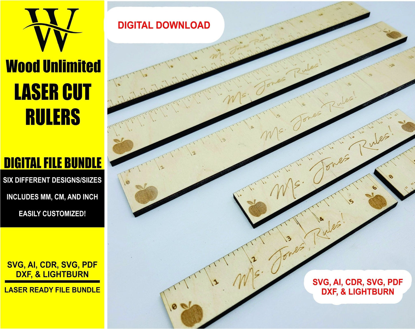 Laser Ready Ruler Files - Inch, MM and CM Rulers - Ruler Glowforge File - Lightburn - Omtech - CO2 Lasers File - Laser Cut Ruler File - Wood Unlimited#