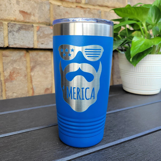 Merica Beard - Independence Day Drink Tumbler 4th of July- Engraved 20oz / 22oz/ 30oz Insulated Tumbler / Bottle - Patriotic Tumbler - Wood Unlimited#