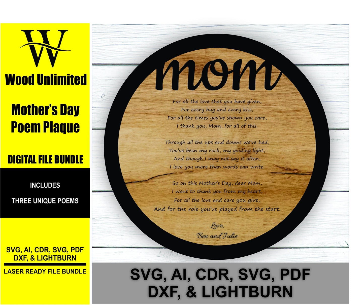 Mother's Day Gift - Plaque Bundle - Lightburn - Omtech - CO2 Lasers File - Glowforge file | Instant Download - Wood Unlimited#