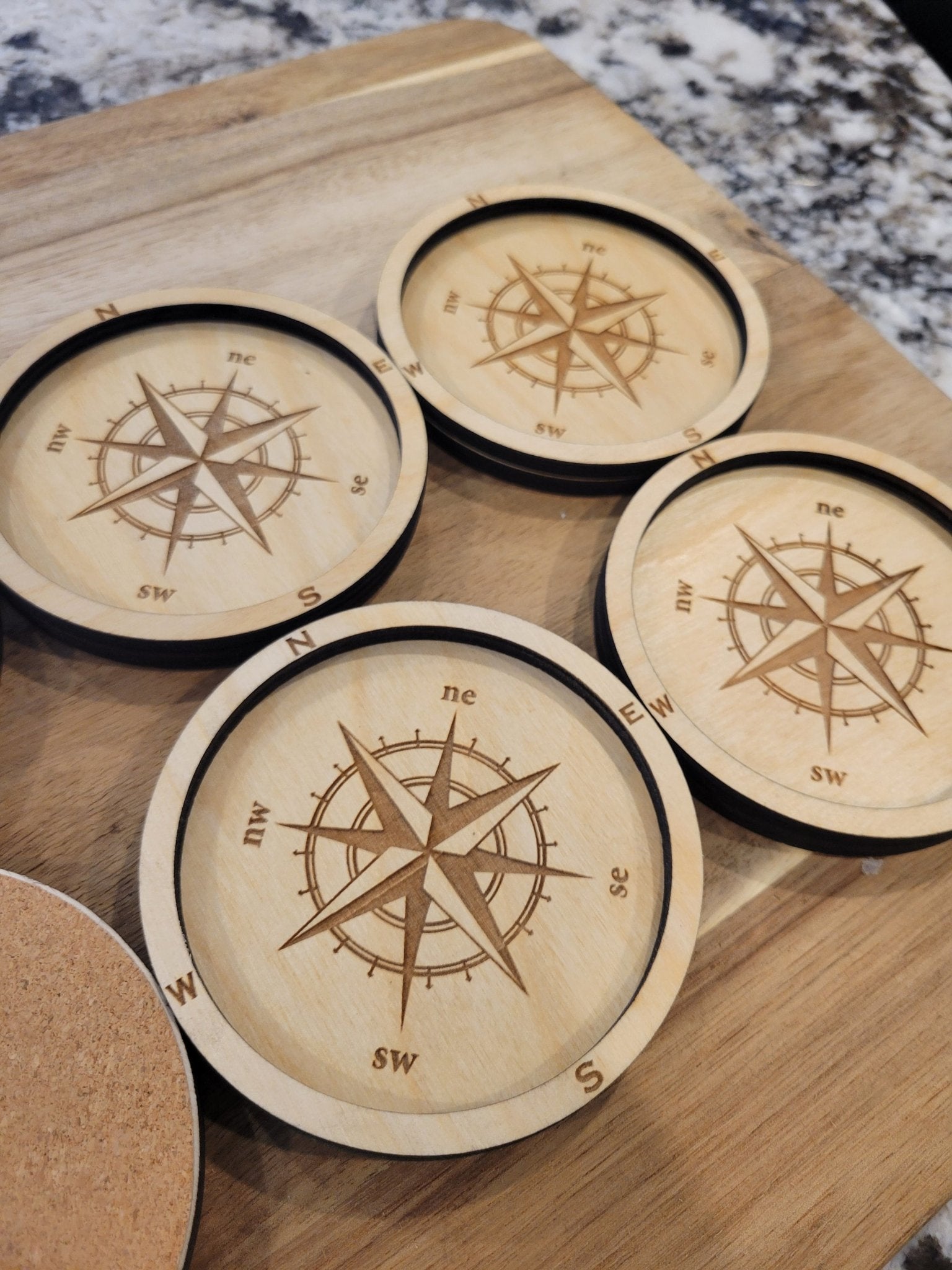 Nautical Compass Coasters - Laser Cut Waterproof Birch Drink Coasters - Wood Unlimited#