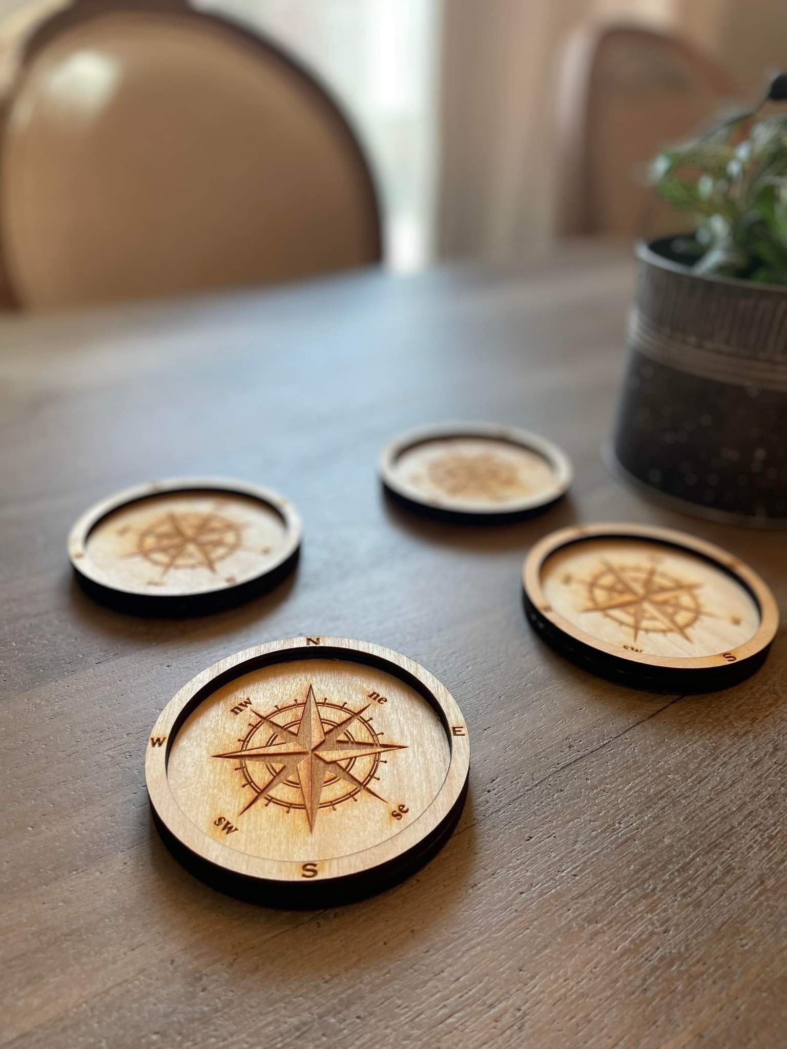 Nautical Compass Coasters - Laser Cut Waterproof Birch Drink Coasters - Wood Unlimited#