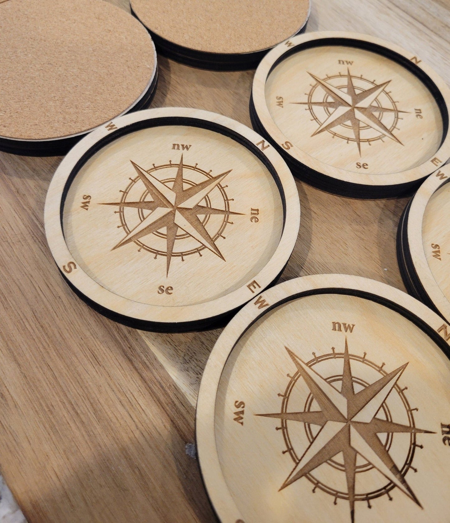 Nautical Compass Coasters - Laser Cut Waterproof Birch Drink Coasters - Wood Unlimited#