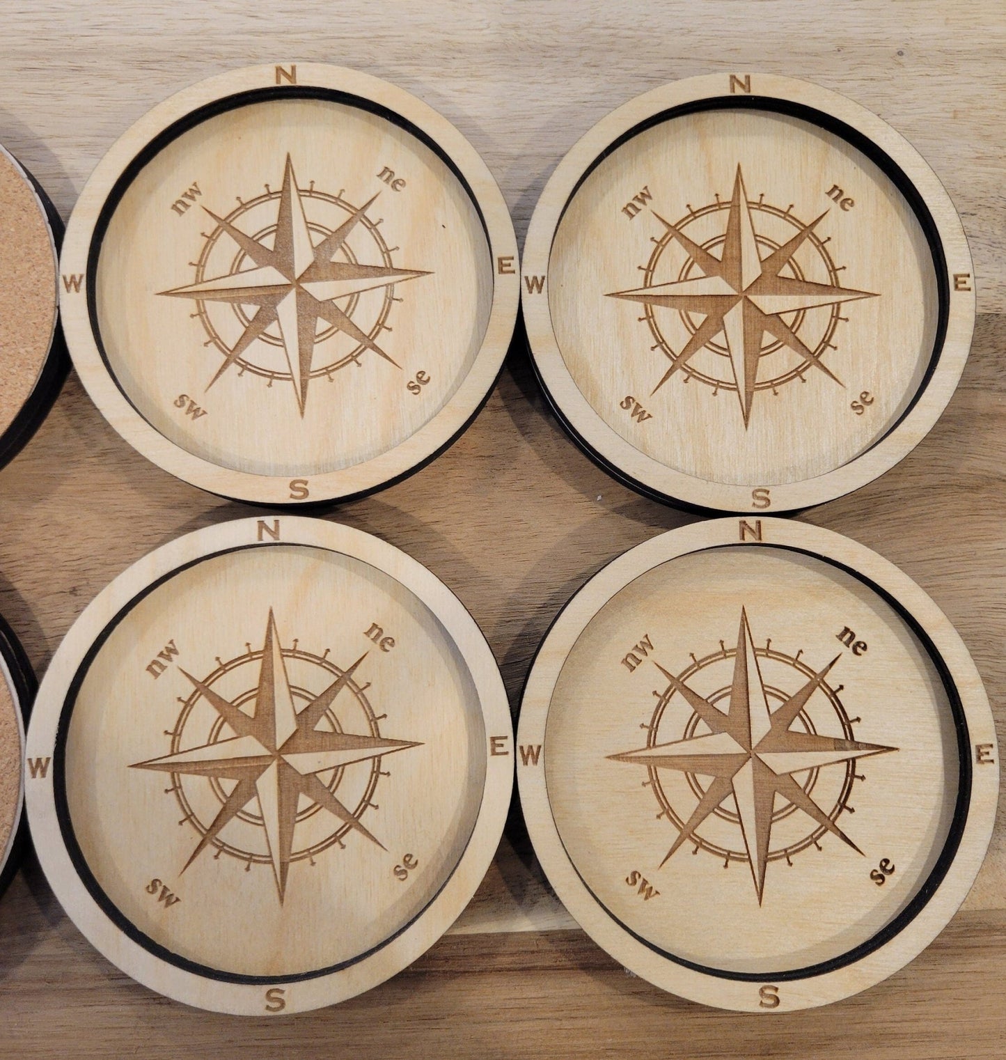 Nautical Compass Coasters - Laser Cut Waterproof Birch Drink Coasters - Wood Unlimited#