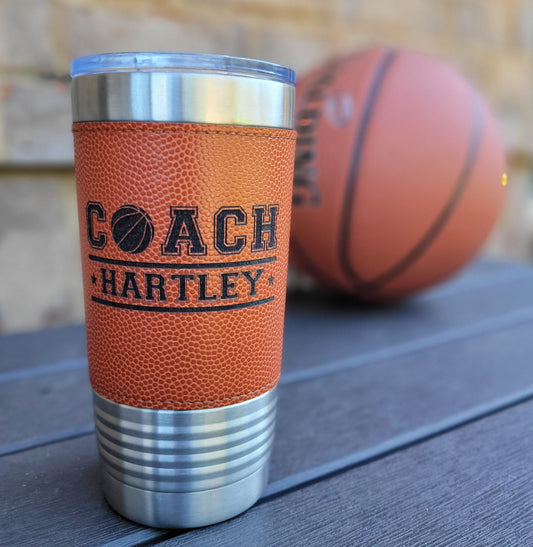Personalized Basketball Tumbler! Insulated Leatherette Tumbler with Basketball Texture Gift For Coach! 20oz Basketball Coach Gift! - Wood Unlimited#