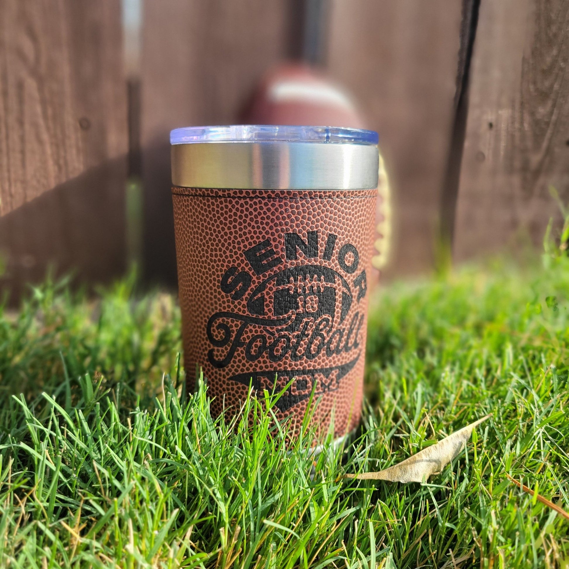 Personalized Football Tumbler! Insulated Leatherette Tumbler with Football Texture! 20oz Football Drink Tumbler! Senior Mom 2024! - Wood Unlimited#