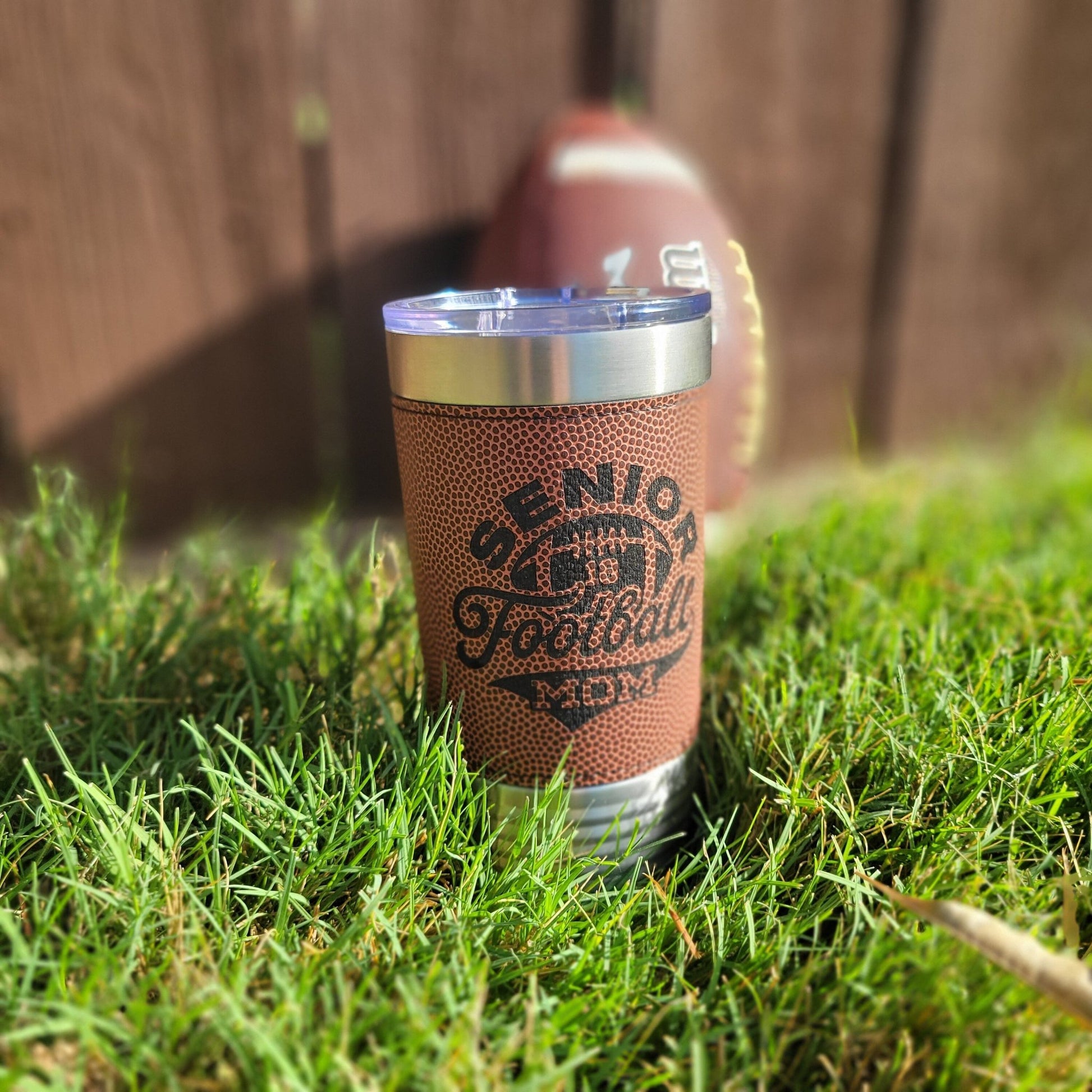 Personalized Football Tumbler! Insulated Leatherette Tumbler with Football Texture! 20oz Football Drink Tumbler! Senior Mom 2024! - Wood Unlimited#