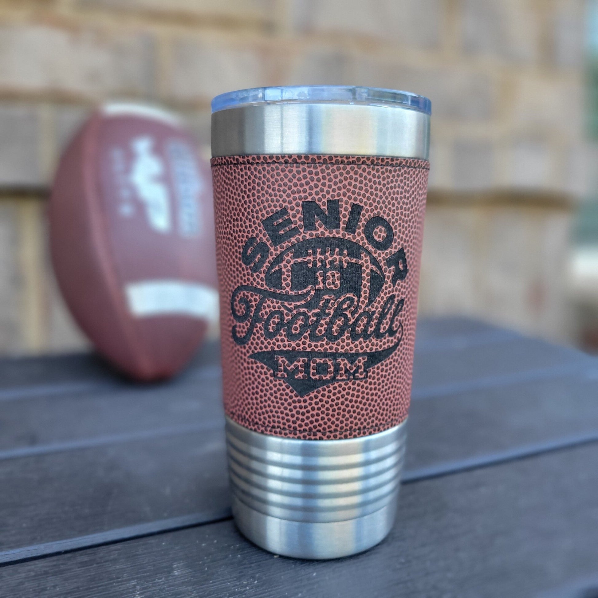 Personalized Football Tumbler! Insulated Leatherette Tumbler with Football Texture! 20oz Football Drink Tumbler! Senior Mom 2024! - Wood Unlimited#