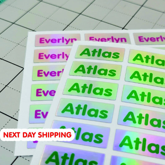 Personalized Holographic Name Stickers - Vibrant Colors, Waterproof Name Labels, Ideal for Daycare & School Use - Wood Unlimited#
