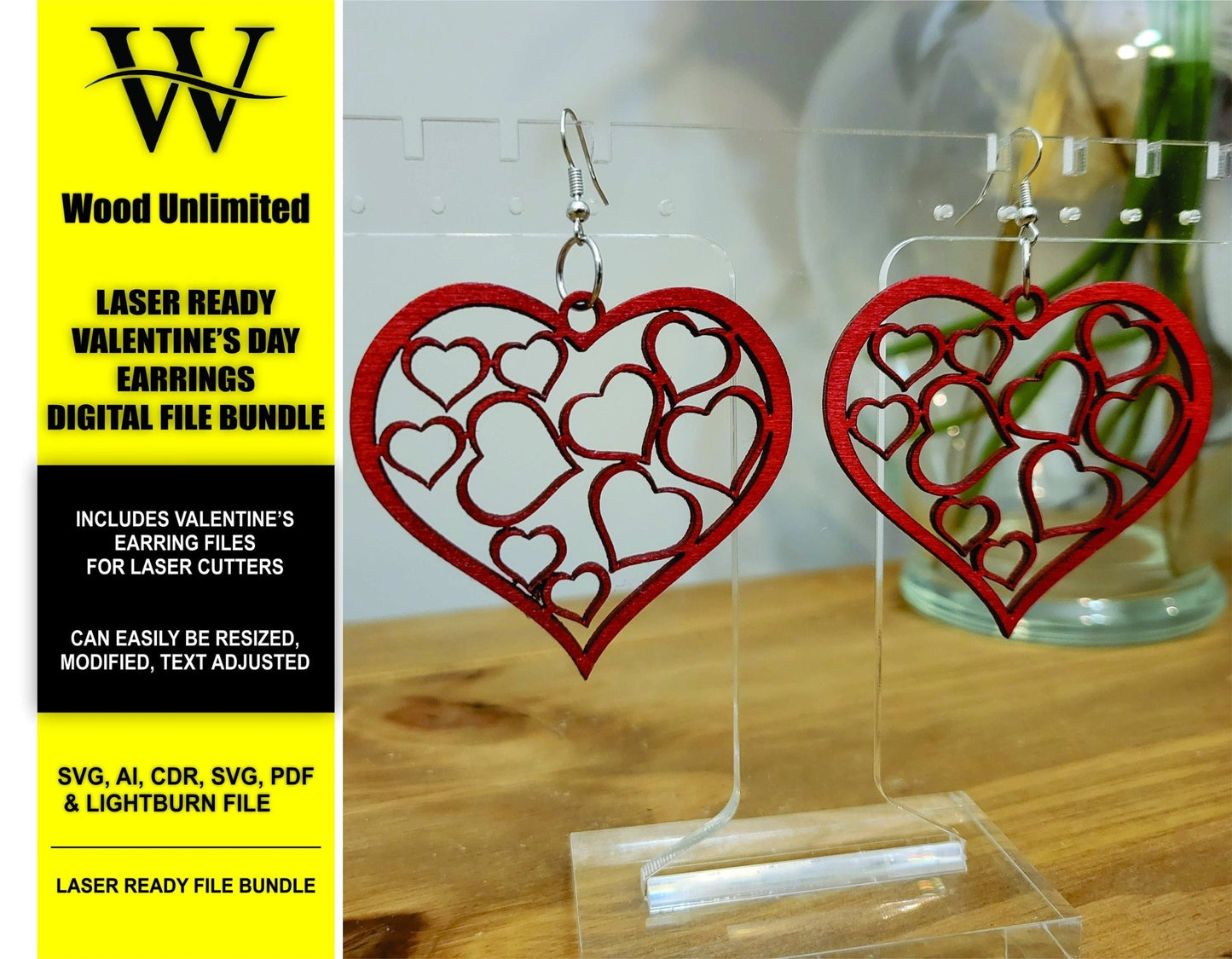 Valentine's Heart Earrings, Digital File Bundle for Laser Cutters, Glowforge Ready, Lightburn Files, SVG, AI, PDF Laser Cut File Bundle - Wood Unlimited#